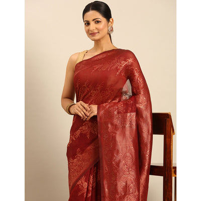 Maroon Floral Woven Cotton Silk Saree
