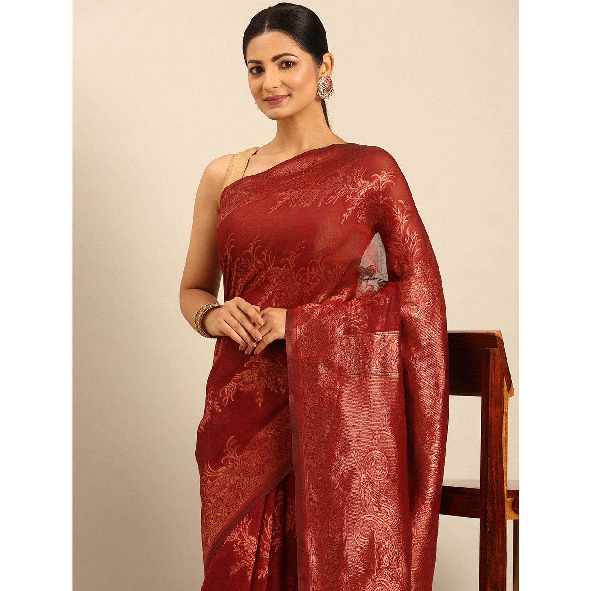 Maroon Floral Woven Cotton Silk Saree