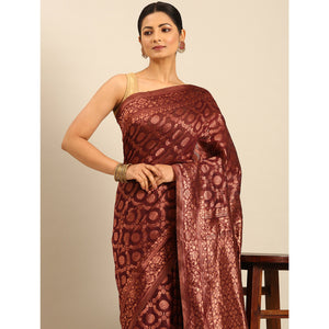 Maroon Floral Woven Cotton Silk Saree
