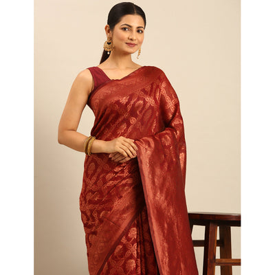Maroon Floral Woven Cotton Silk Saree