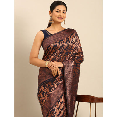 Dark Navy Blue Floral Woven Cotton Silk Saree