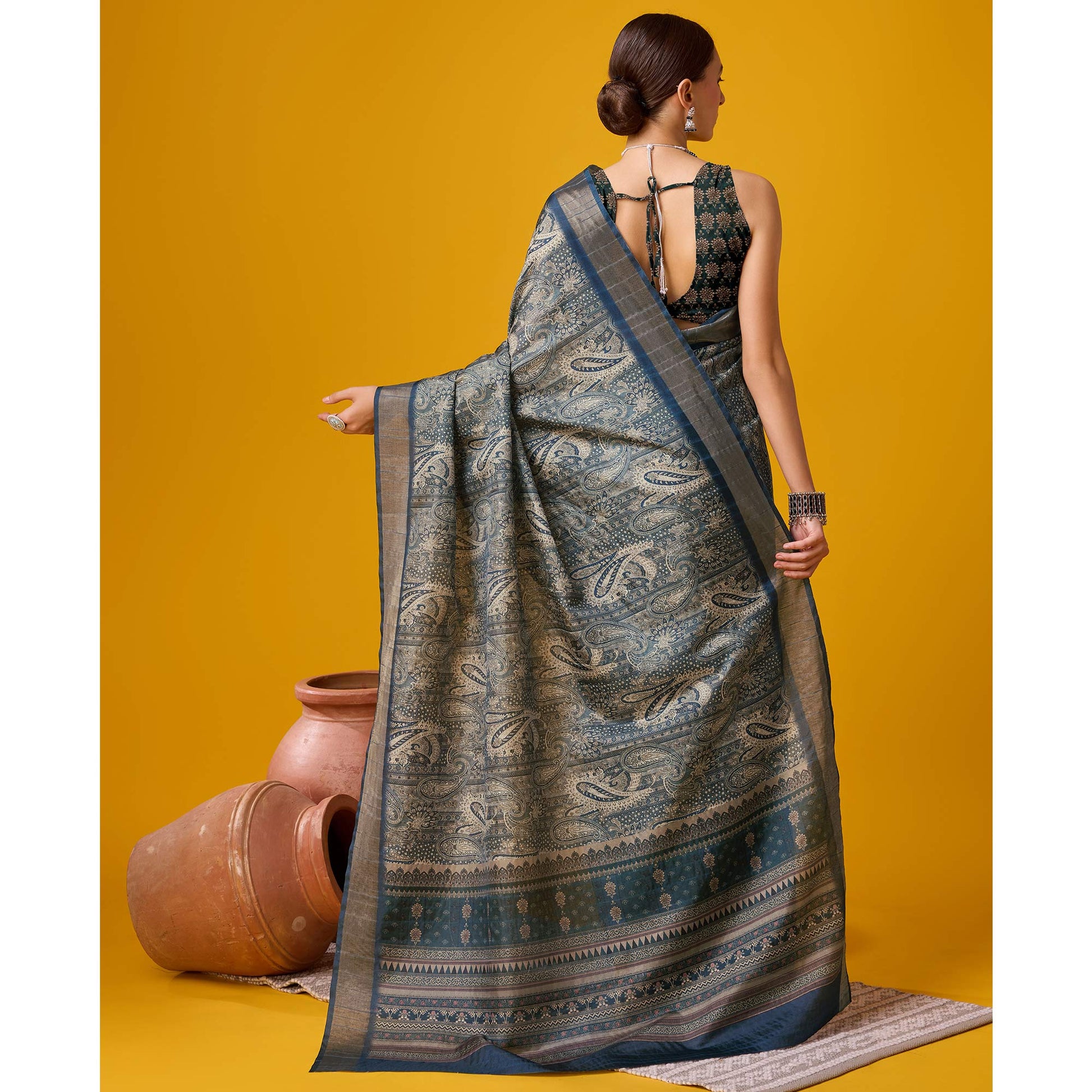 Bluish Grey Digital Printed Cotton Silk Saree
