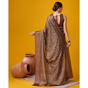 Brown Digital Printed Cotton Silk Saree With Border