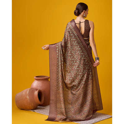 Brown Digital Printed Cotton Silk Saree With Border