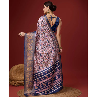 Light Pink Digital Printed Cotton Silk Saree With Border