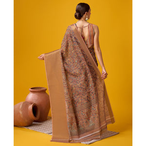 Brown Digital Printed Cotton Silk Saree With Border