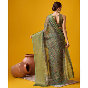 Dusty Green Digital Printed Cotton Silk Saree With Border