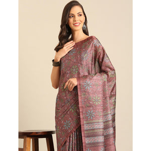 Dusty Rose Pink Floral Digital Printed Cotton Blend Saree