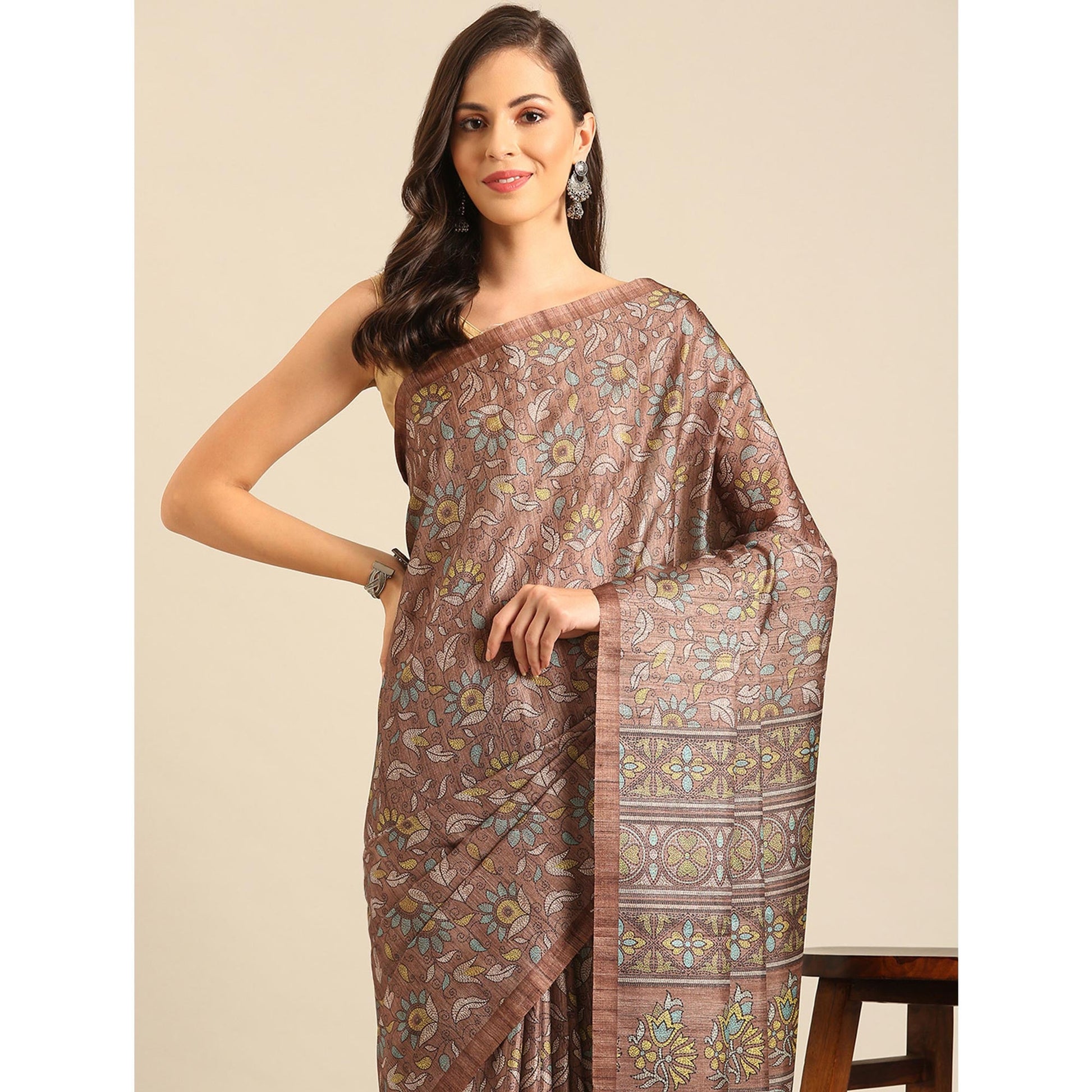 Brown Floral Digital Print Cotton Blend Saree