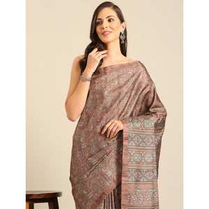 Brown Floral Digital Printed Cotton Blend Saree