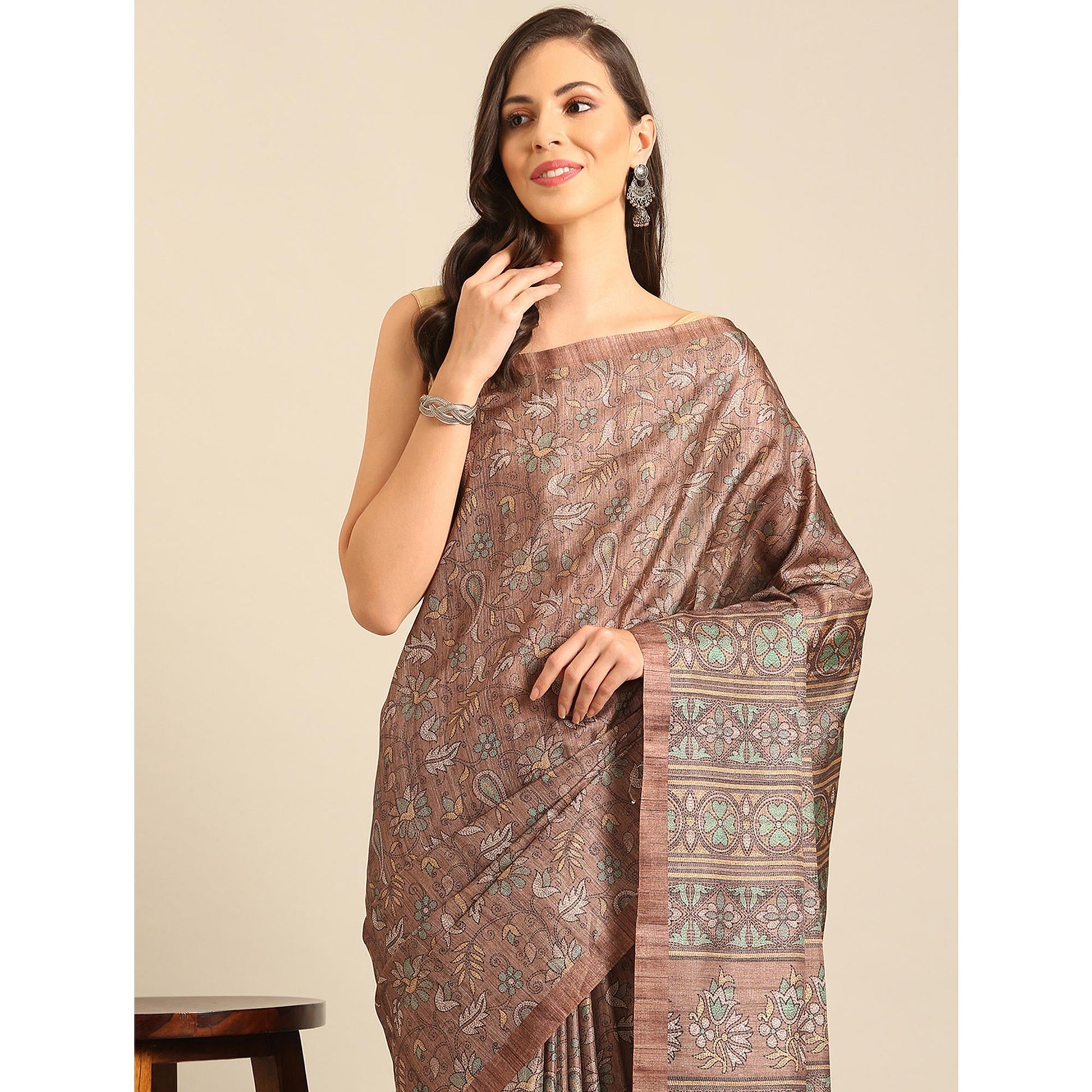 Brown Floral Digital Printed Cotton Blend Saree