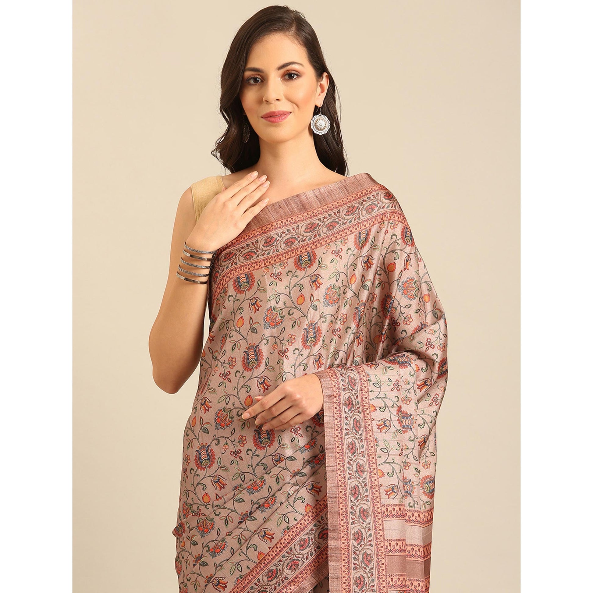 Light Peach Floral Digital Printed Cotton Blend Saree