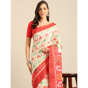 Cream Digital Patola Printed Cotton Blend Saree