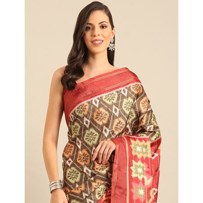Brown Digital Patola Printed Cotton Blend Saree