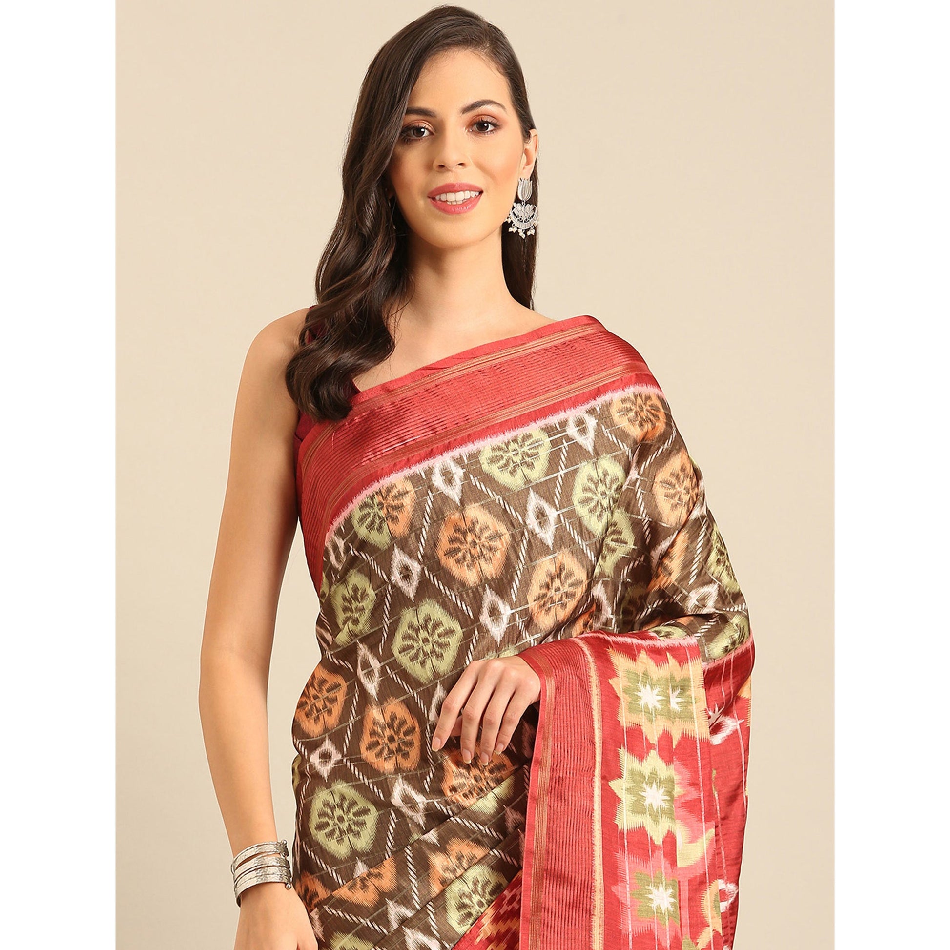 Brown Digital Patola Printed Cotton Blend Saree