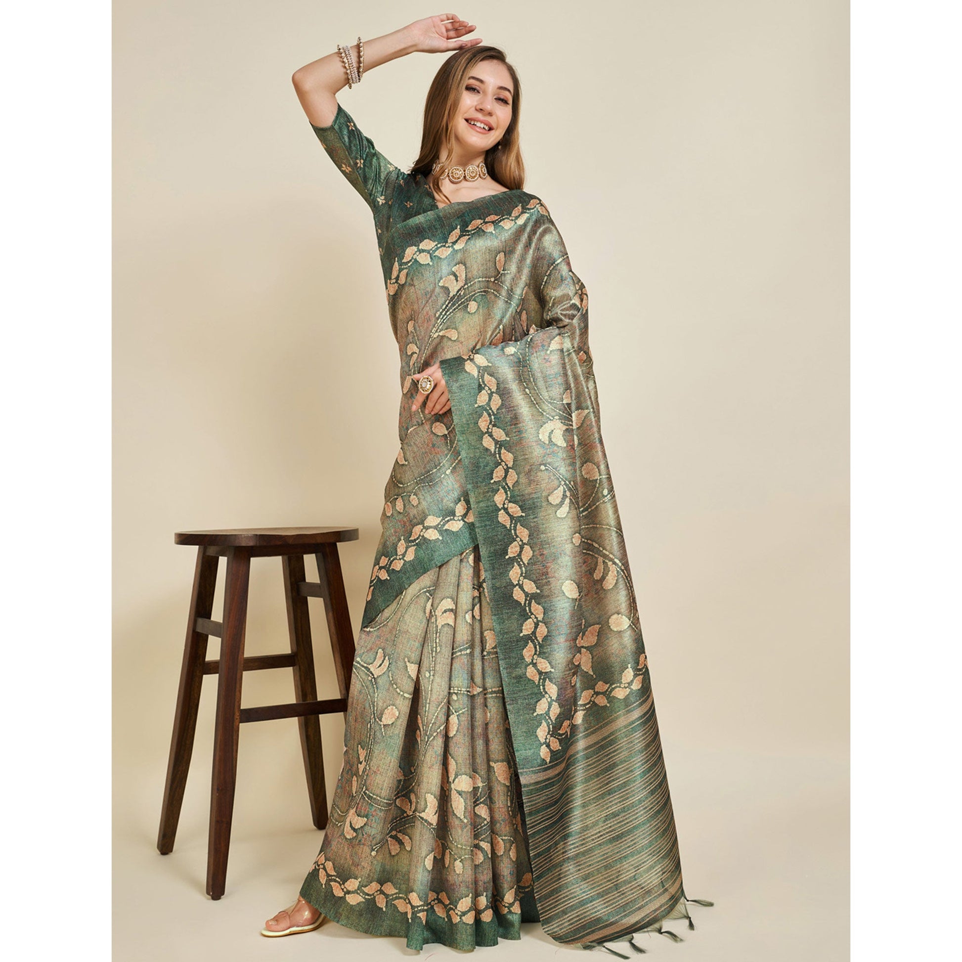 green-digital-printed-bhagalpuri-silk-saree-with-tassels-2