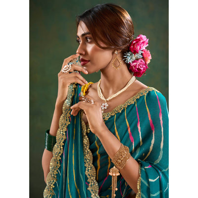 Morpich Green Printed Chiffon Saree With Sequins Border