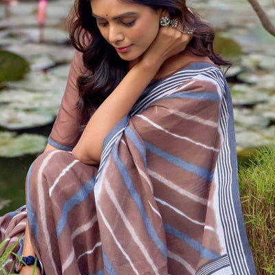 Brown Leheriya Printed Linen Saree