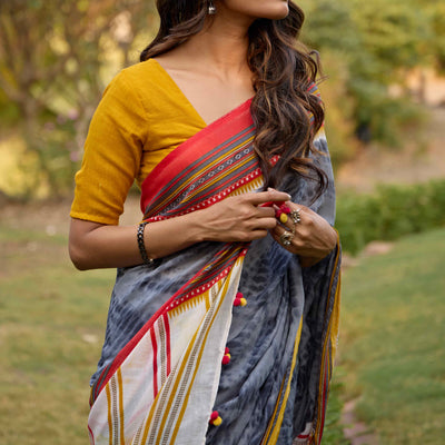 Grey Tie Dye Printed Linen Saree