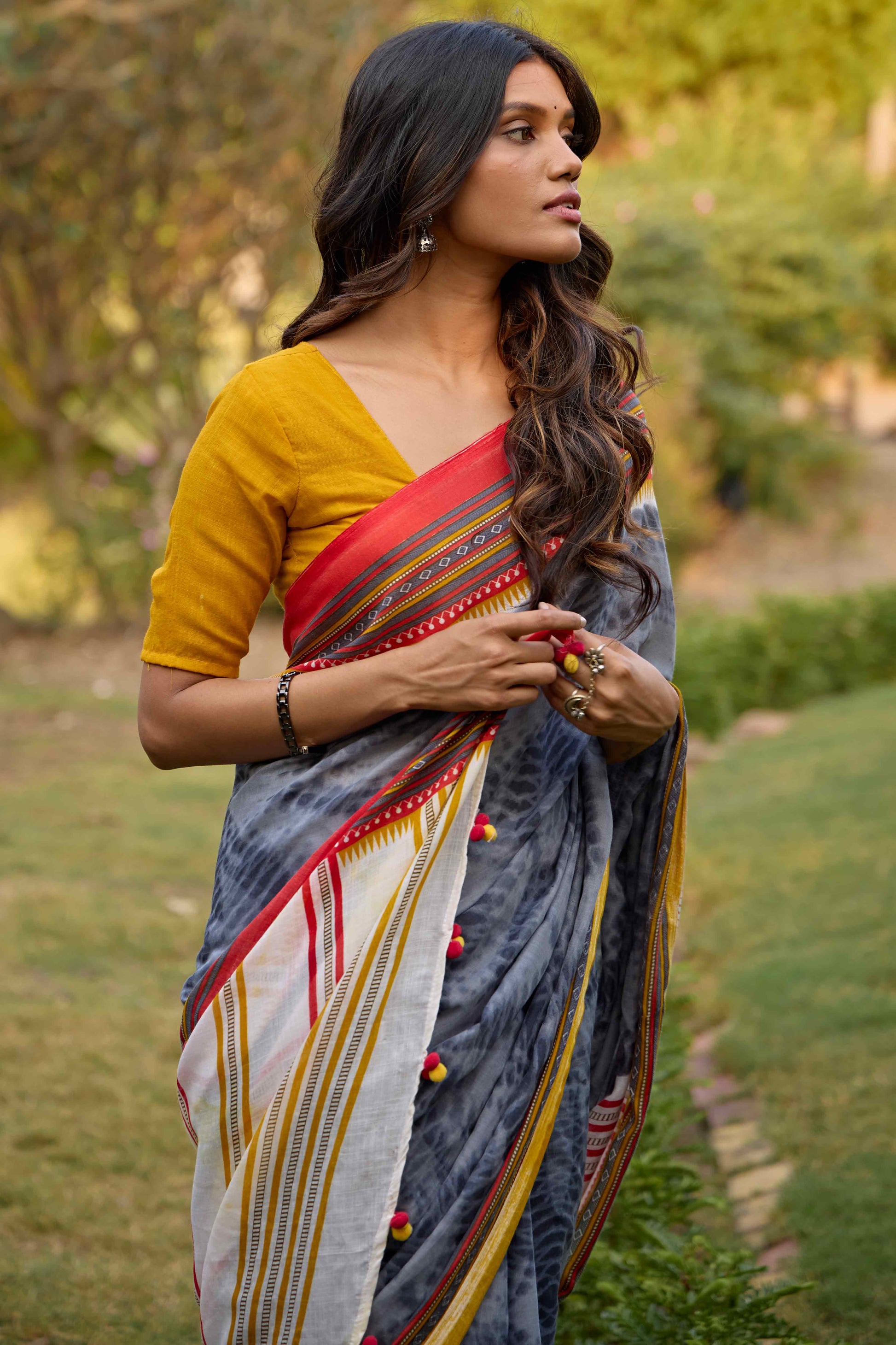 Grey Tie Dye Printed Linen Saree