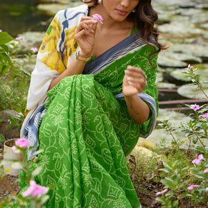 Forest Green Bandhani Printed Linen Saree