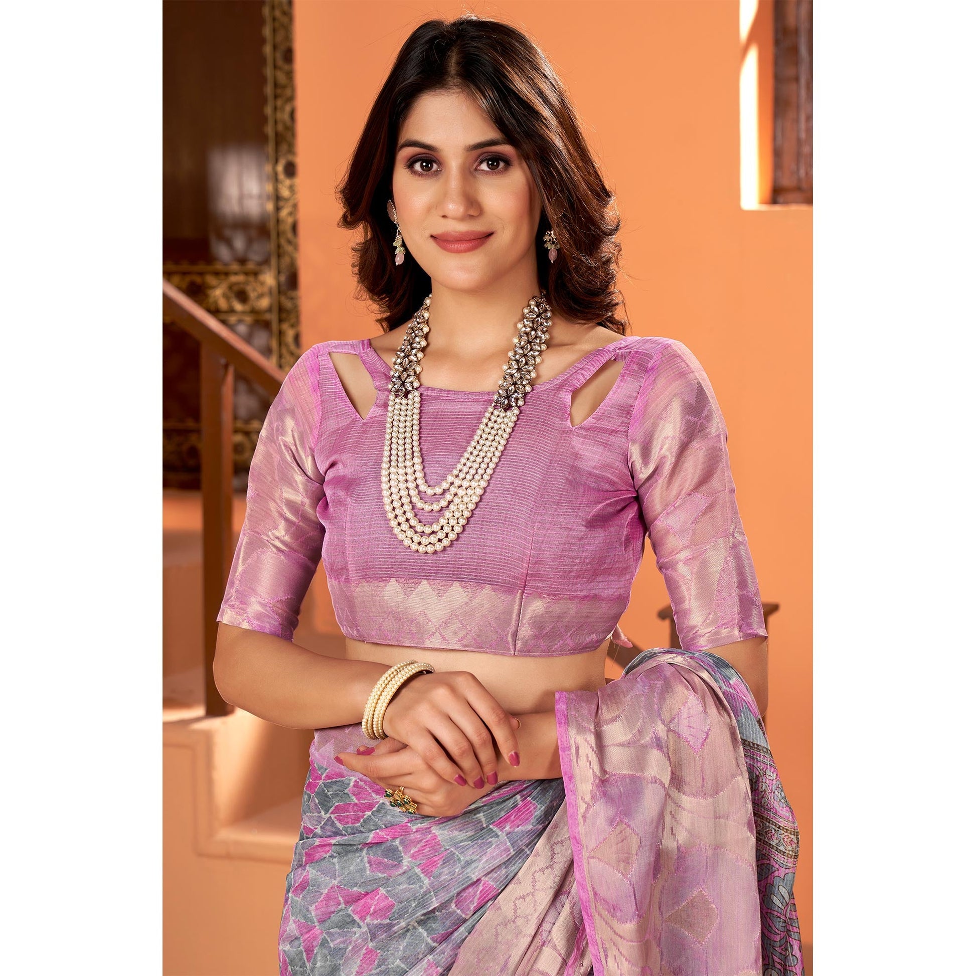 Light Purple Printed Organza Saree With Woven Border