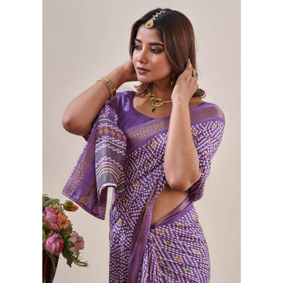 Lavender Ikkat Printed With Jacquard Border Cotton Silk Saree