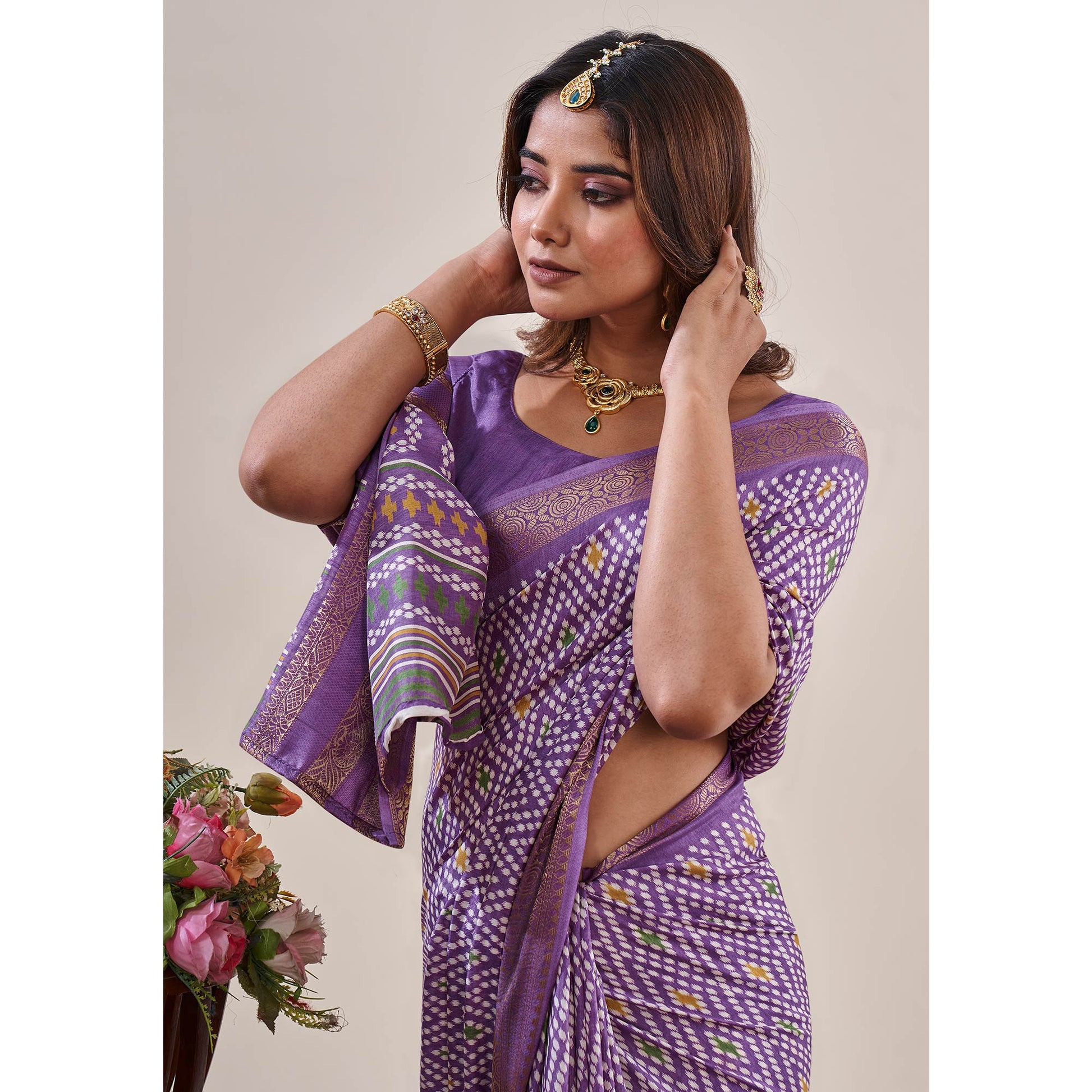 Lavender Ikkat Printed With Jacquard Border Cotton Silk Saree
