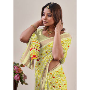 Lemon Yellow Ikkat Printed With Jacquard Border Cotton Silk Saree