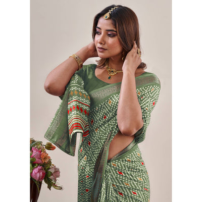 Dusty Green Ikkat Printed With Jacquard Border Cotton Silk Saree