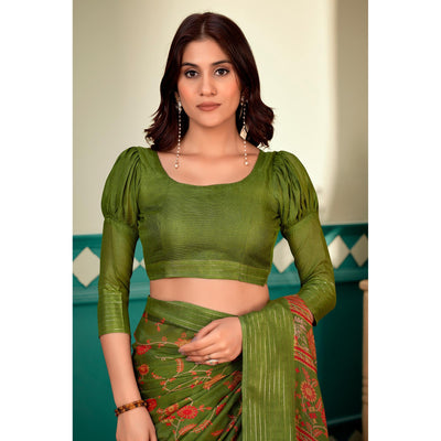 Mehandi Green Floral Printed Linen Saree