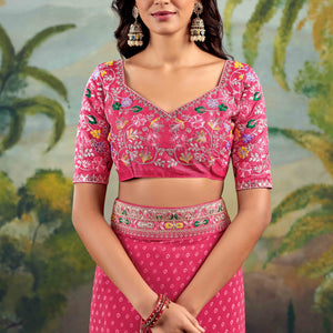 Gajri Pink Bandhani Printed Georgette Saree With Embroidered Border