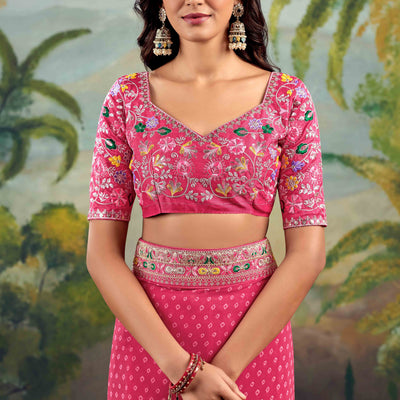 Gajri Pink Bandhani Printed Georgette Saree With Embroidered Border