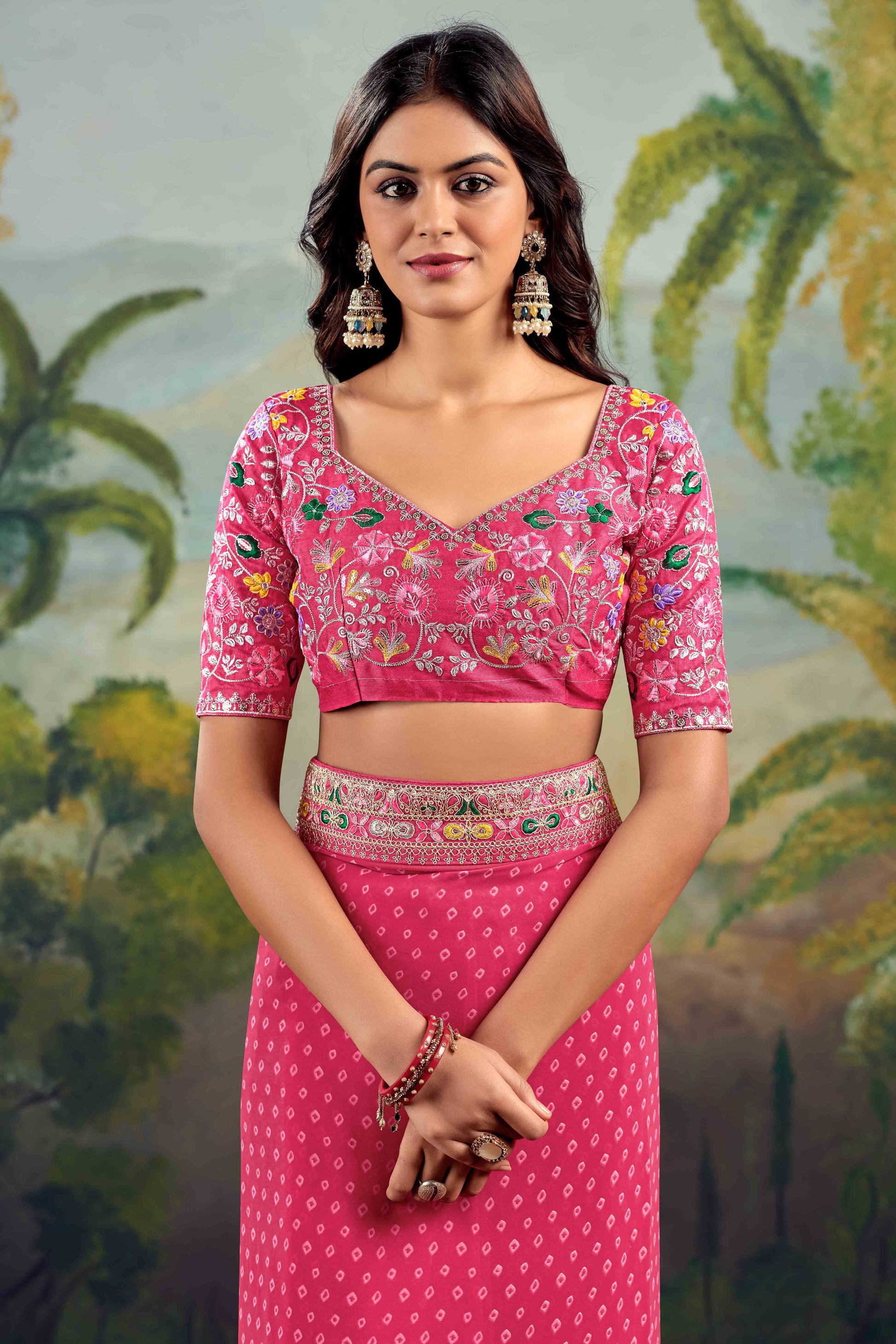 Gajri Pink Bandhani Printed Georgette Saree With Embroidered Border