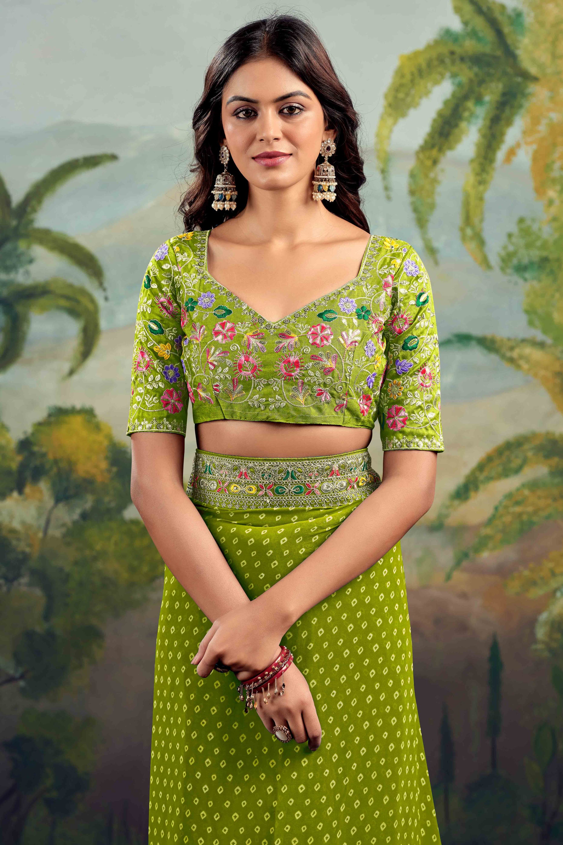 green-bandhani-printed-georgette-saree-with-embroidered-border