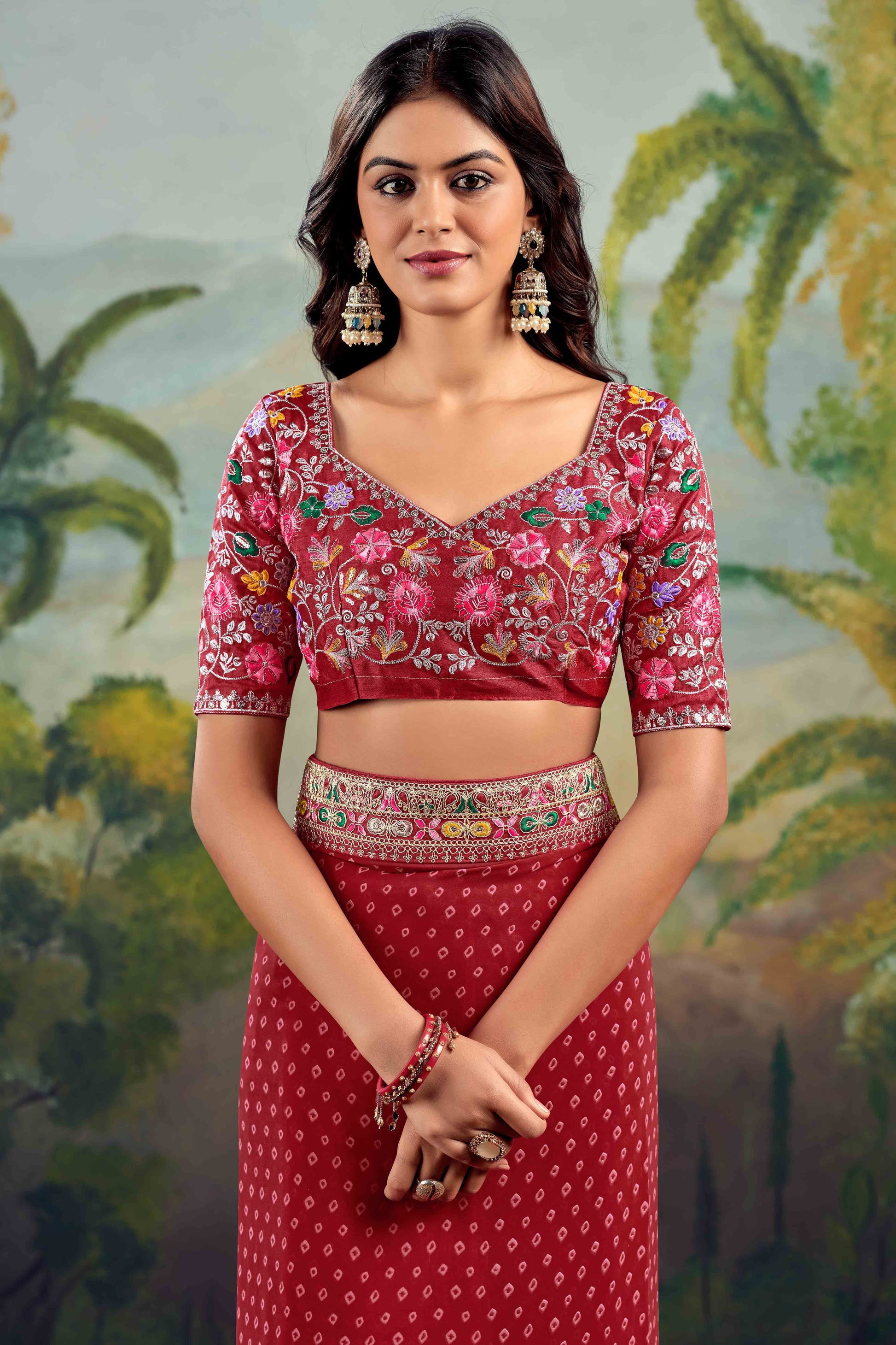 Maroon Bandhani Printed Georgette Saree With Embroidered Border