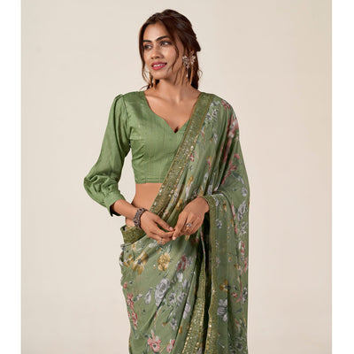 Dusty Green Floral Printed Chiffon Saree With Designer Border