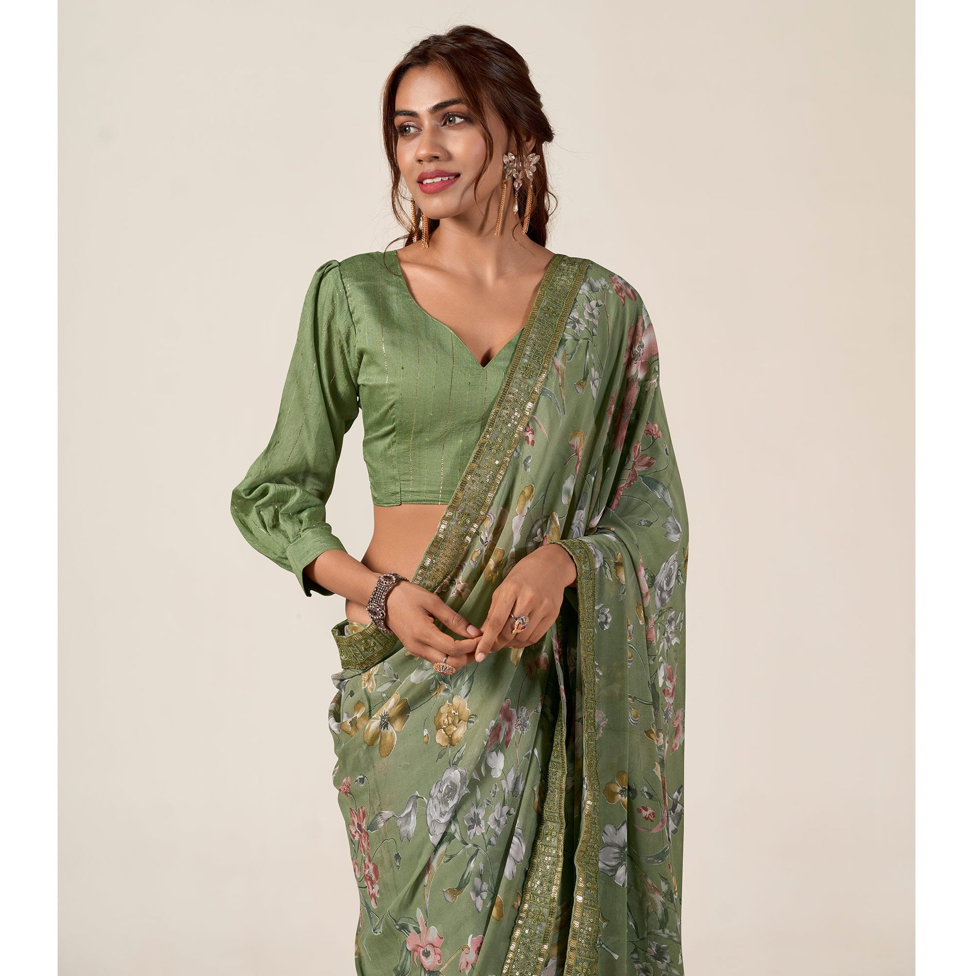 Dusty Green Floral Printed Chiffon Saree With Designer Border
