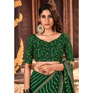 Bottle Green Striped Printed Georgette Saree
