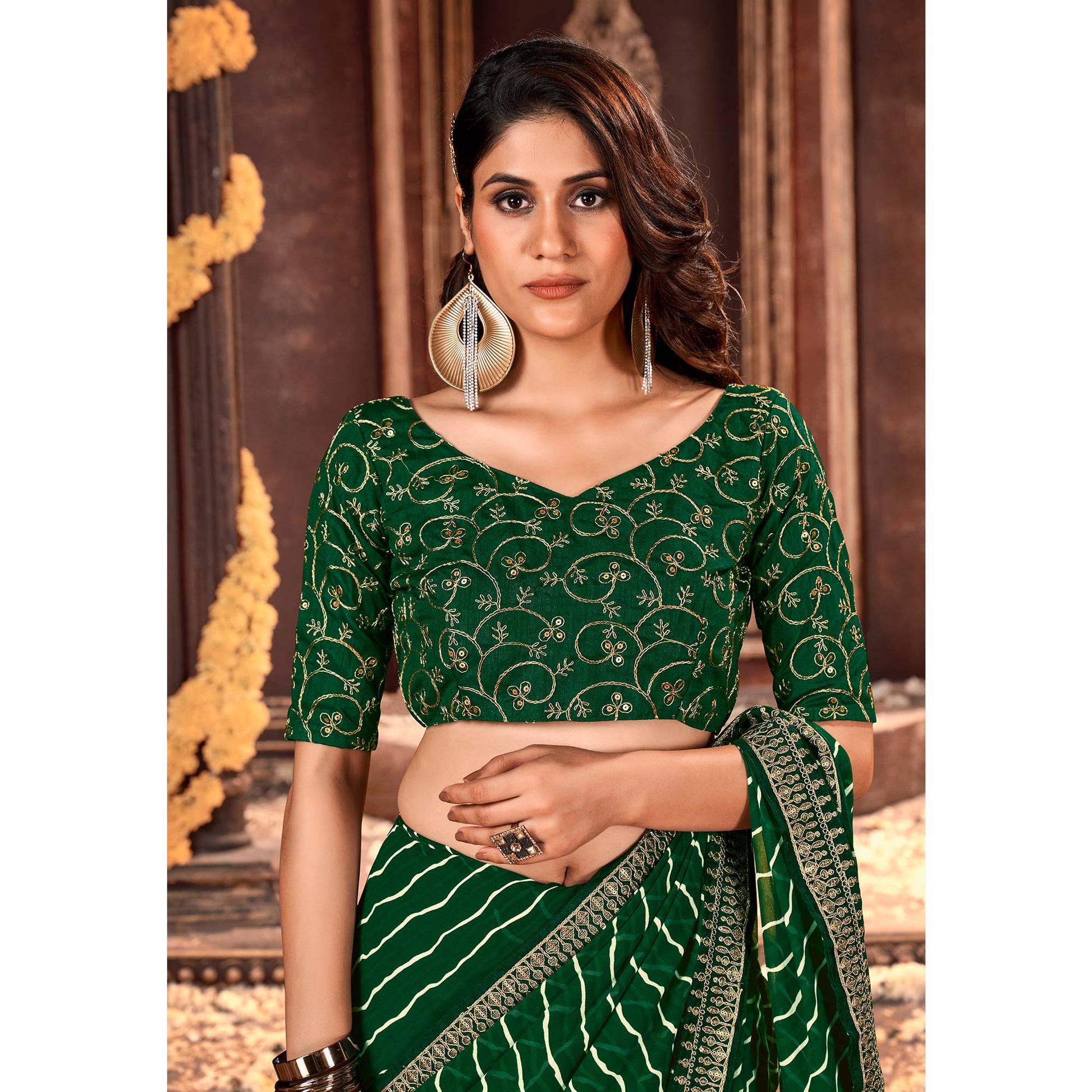 Bottle Green Striped Printed Georgette Saree