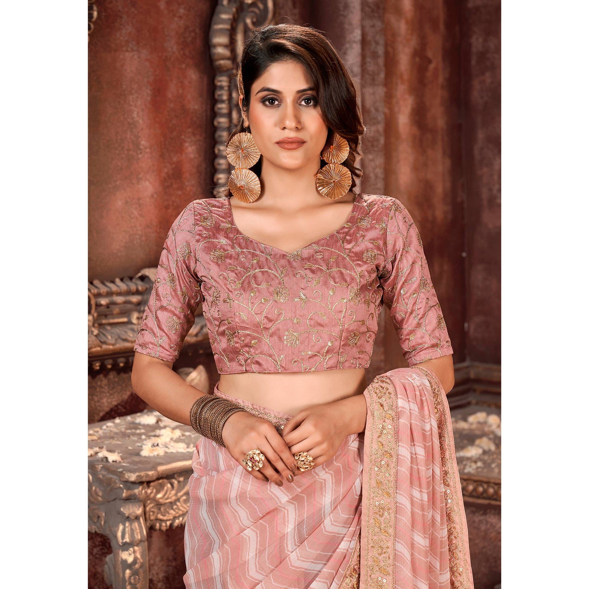 Mauve Striped Printed Georgette Saree