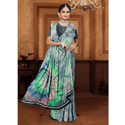 Bluish Grey Printed Crepe Silk Saree