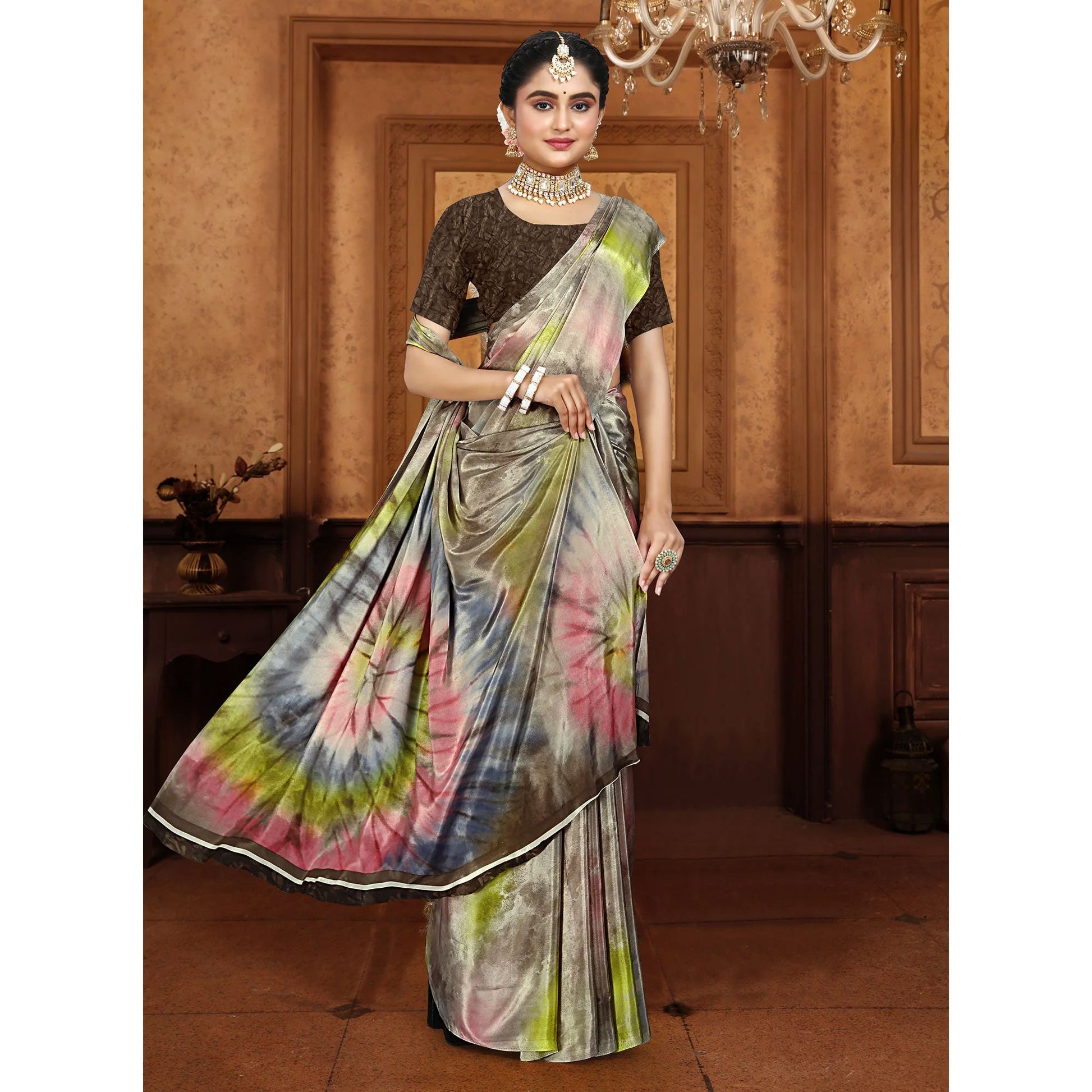 Grey Printed Crepe Silk Saree