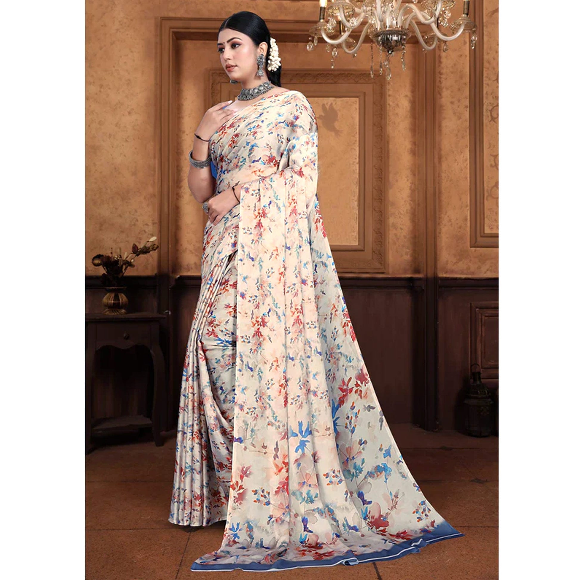 Cream Floral Digital Printed Georgette Saree