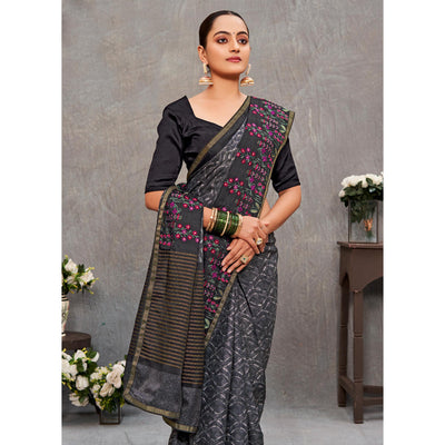 Grey Printed With Embroidered Cotton Silk Saree