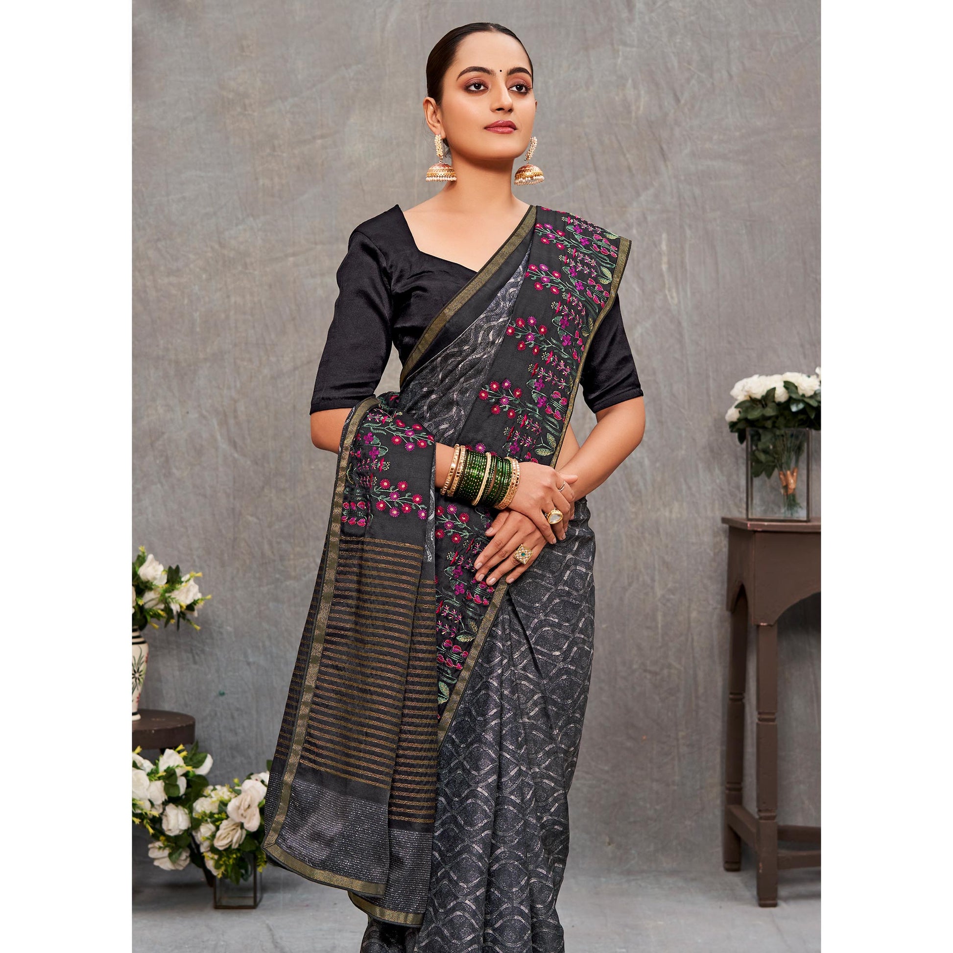 Grey Printed With Embroidered Cotton Silk Saree