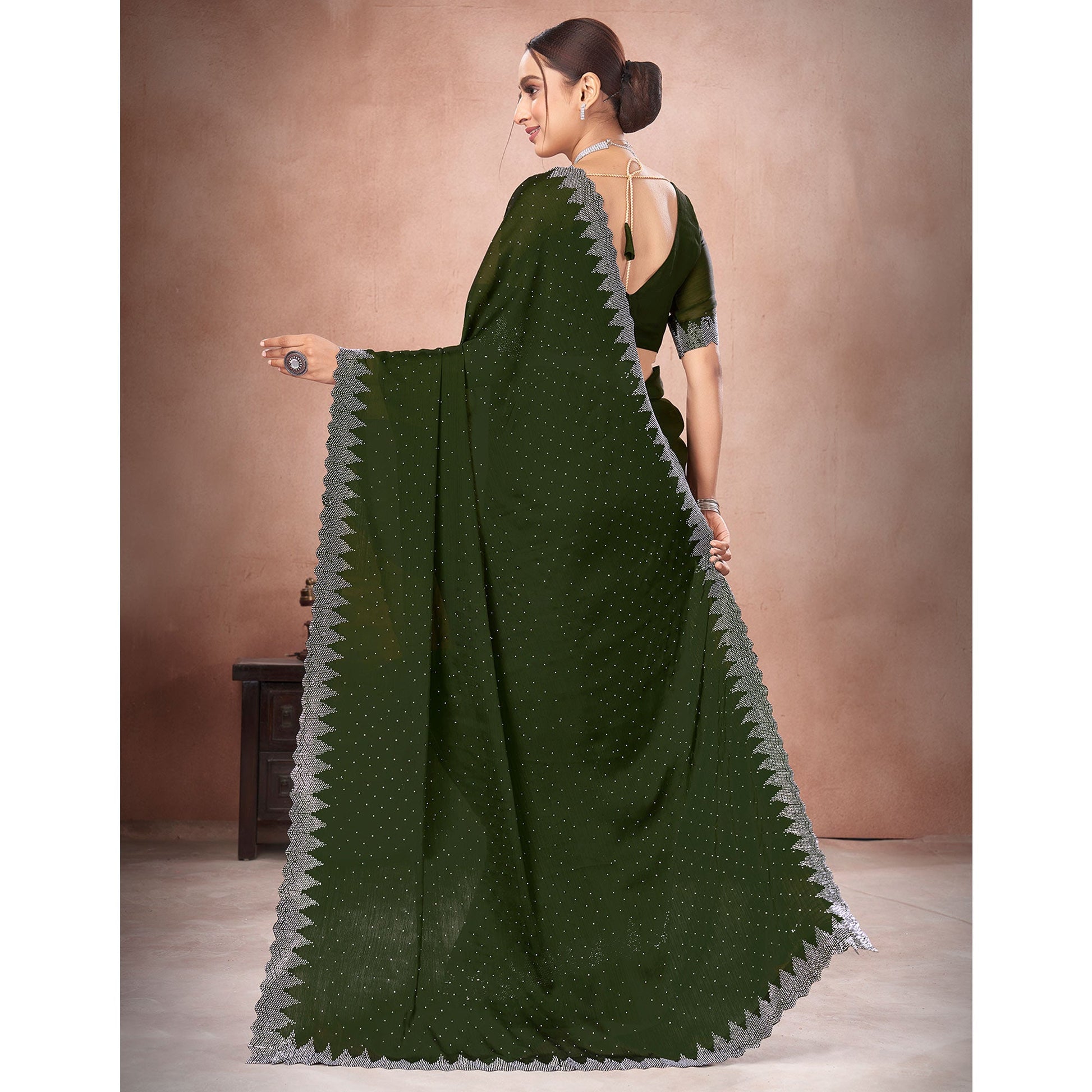 Mehendi Green Swarovski Work Satin Saree