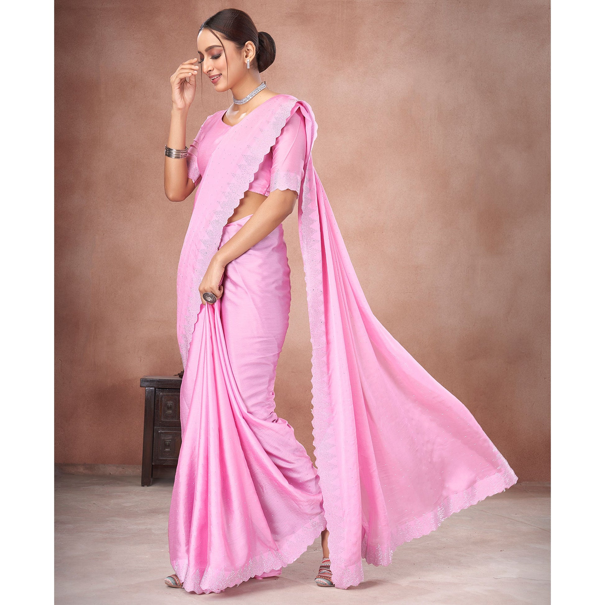 Light Pink Swarovski Work Satin Saree