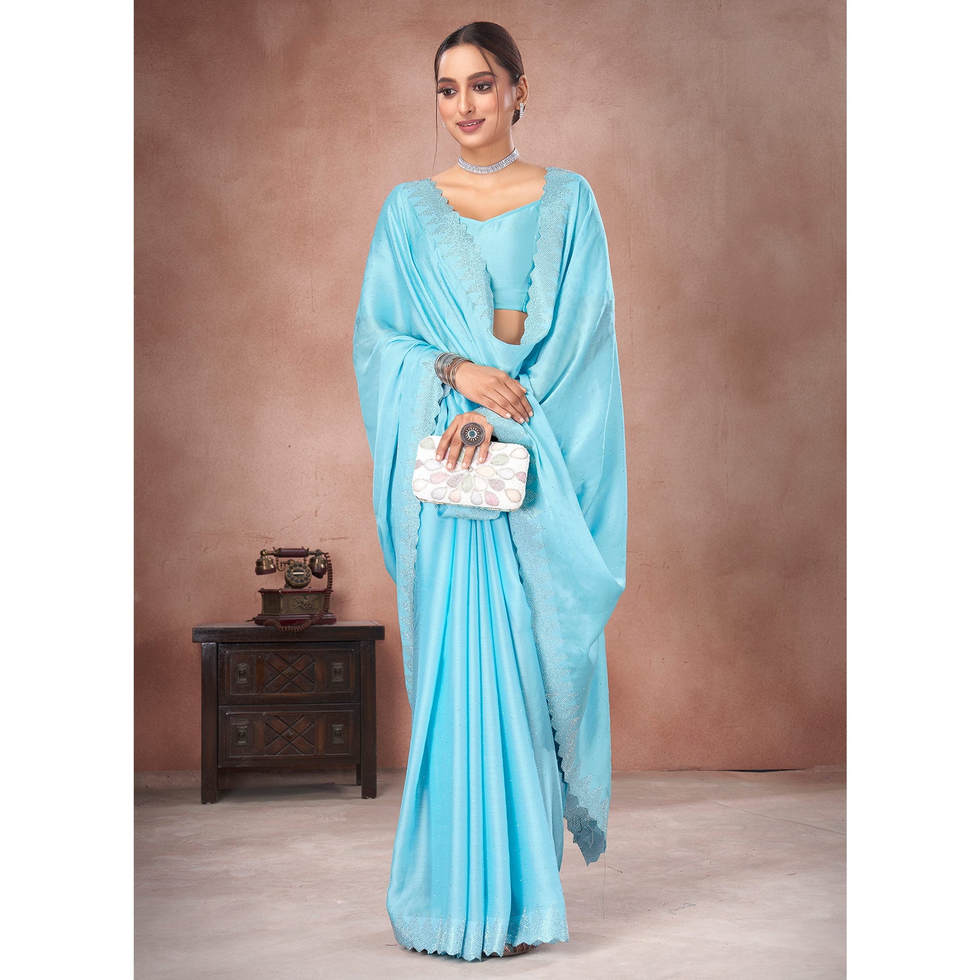 Blue Swarovski Work Satin Saree