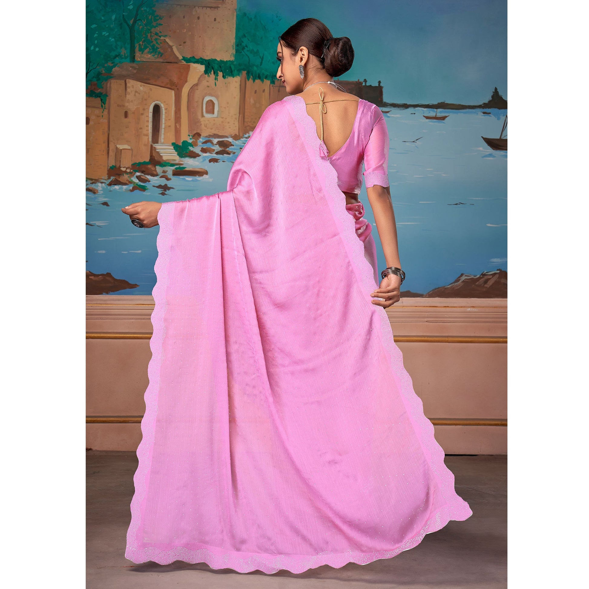Light Pink Swarovski Work Satin Saree